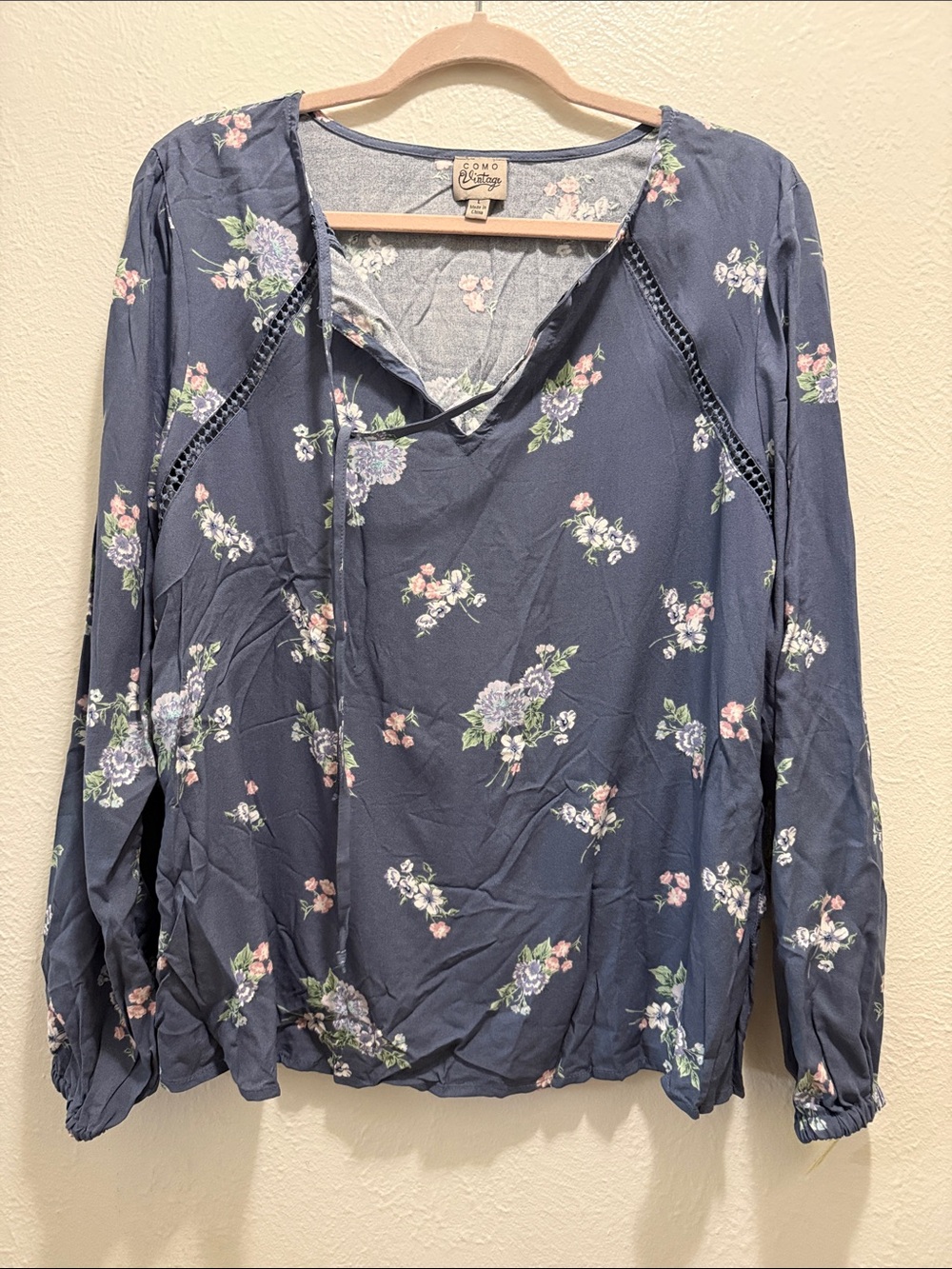 Rising International Navy Floral Lace-Trim Tie Neck Blouse